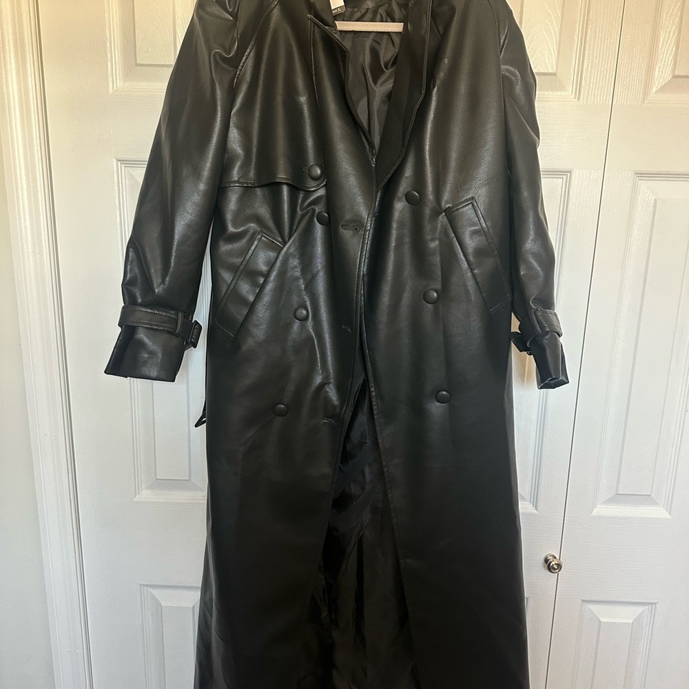 Black Faux Leather Trench Coat